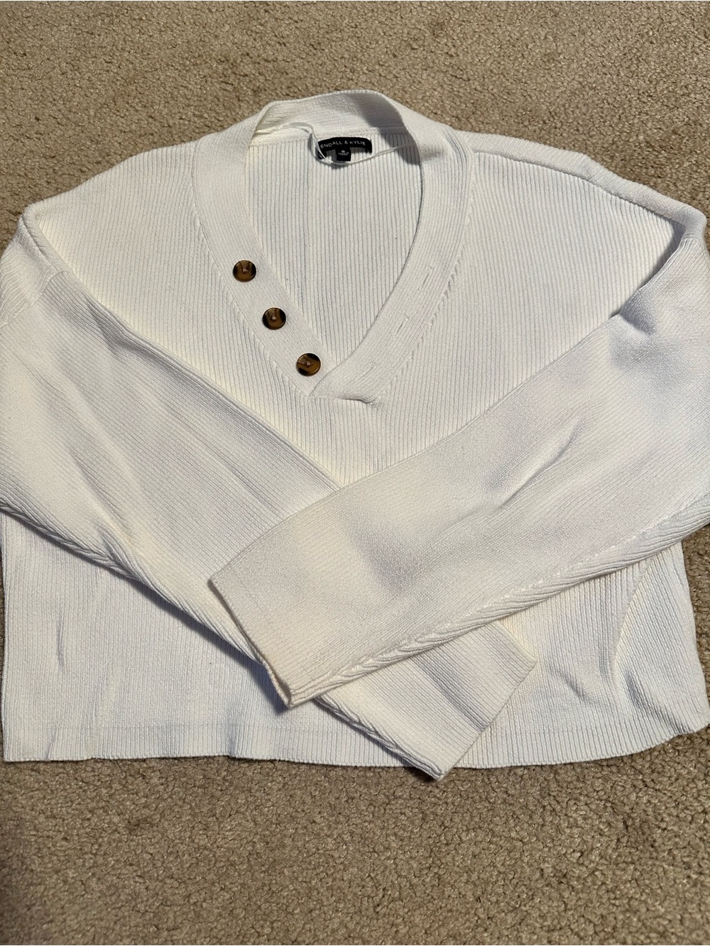 Kendall & Kylie Cream V-Neck Sweater with Gold Button Detail